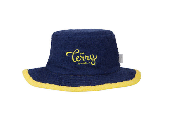 The No Worries Narrow Brim TerryTowelling Bucket Hat-Navy/Yellow